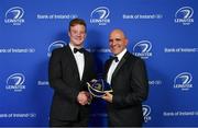 24 April 2018; Peadar Timmins is presented with his Leinster cap on the occasion of his departure from the province at the end of the season by President of Leinster Rugby Niall Rynne. The Awards, taking place at the InterContinental Dublin and MC’d by Darragh Maloney, were a celebration of the 2017/18 Leinster Rugby season to date and over the course of the evening Leinster Rugby acknowledged the contributions of retirees Isa Nacewa, Richardt Strauss and Jamie Heaslip as well as presenting Leinster Rugby caps to departees Jordi Murphy, Cathal Marsh and Peadar Timmins. Former Leinster and Ireland player Paul McNaughton was inducted into the Guinness Hall of Fame. Some of the other Award winners on the night included; Blackrock College (Deep River Rock School of the Year), Hugh Woodhouse, Mullingar RFC (Beauchamps Contribution to Leinster Rugby Award), MU Barnhall RFC (CityJet Senior Club of the Year), Gorey Community School (Irish Independent Development School of the Year Award), Wicklow RFC (Bank of Ireland Junior Club of the Year) and Nora Stapleton (Energia Women’s Rugby Award). Photo by Brendan Moran/Sportsfile