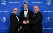 24 April 2018; Dan Leavy is presented with the Bank of Ireland Player’s Player of the Year award by Oliver Wall, Chief of Staff, Bank of Ireland and President of Leinster Rugby Niall Rynne. The Awards, taking place at the InterContinental Dublin and MC’d by Darragh Maloney, were a celebration of the 2017/18 Leinster Rugby season to date and over the course of the evening Leinster Rugby acknowledged the contributions of retirees Isa Nacewa, Richardt Strauss and Jamie Heaslip as well as presenting Leinster Rugby caps to departees Jordi Murphy, Cathal Marsh and Peadar Timmins. Former Leinster and Ireland player Paul McNaughton was inducted into the Guinness Hall of Fame. Some of the other Award winners on the night included; Blackrock College (Deep River Rock School of the Year), Hugh Woodhouse, Mullingar RFC (Beauchamps Contribution to Leinster Rugby Award), MU Barnhall RFC (CityJet Senior Club of the Year), Gorey Community School (Irish Independent Development School of the Year Award), Wicklow RFC (Bank of Ireland Junior Club of the Year) and Nora Stapleton (Energia Women’s Rugby Award). Photo by Brendan Moran/Sportsfile