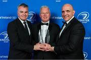 24 April 2018; Frank Duke, Deputy Principal, Gorey Community School, Wexford, accepts the award on behalf of Gorey Community School, for the Irish Independent Development School award, from David Courtney, Head of Sports Content, Independent News and Media and President of Leinster Rugby Niall Rynne. The Awards, taking place at the InterContinental Dublin and MC’d by Darragh Maloney, were a celebration of the 2017/18 Leinster Rugby season to date and over the course of the evening Leinster Rugby acknowledged the contributions of retirees Isa Nacewa, Richardt Strauss and Jamie Heaslip as well as presenting Leinster Rugby caps to departees Jordi Murphy, Cathal Marsh and Peadar Timmins. Former Leinster and Ireland player Paul McNaughton was inducted into the Guinness Hall of Fame. Some of the other Award winners on the night included; Blackrock College (Deep River Rock School of the Year), Hugh Woodhouse, Mullingar RFC (Beauchamps Contribution to Leinster Rugby Award), MU Barnhall RFC (CityJet Senior Club of the Year), Gorey Community School (Irish Independent Development School of the Year Award), Wicklow RFC (Bank of Ireland Junior Club of the Year) and Nora Stapleton (Energia Women’s Rugby Award). Photo by Brendan Moran/Sportsfile