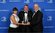 24 April 2018; Brendan Nicholson, President, Wicklow RFC, accepts the award on behalf of Wicklow RFC for the Bank of Ireland Junior Club of the Year award, from Sharon Woods, Bank of Ireland and President of Leinster Rugby Niall Rynne. The Awards, taking place at the InterContinental Dublin and MC’d by Darragh Maloney, were a celebration of the 2017/18 Leinster Rugby season to date and over the course of the evening Leinster Rugby acknowledged the contributions of retirees Isa Nacewa, Richardt Strauss and Jamie Heaslip as well as presenting Leinster Rugby caps to departees Jordi Murphy, Cathal Marsh and Peadar Timmins. Former Leinster and Ireland player Paul McNaughton was inducted into the Guinness Hall of Fame. Some of the other Award winners on the night included; Blackrock College (Deep River Rock School of the Year), Hugh Woodhouse, Mullingar RFC (Beauchamps Contribution to Leinster Rugby Award), MU Barnhall RFC (CityJet Senior Club of the Year), Gorey Community School (Irish Independent Development School of the Year Award), Wicklow RFC (Bank of Ireland Junior Club of the Year) and Nora Stapleton (Energia Women’s Rugby Award). Photo by Brendan Moran/Sportsfile