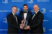 24 April 2018; Fergus McFadden is presented with the Canterbury Tackle of the Year award by Sean Kavanagh, Head of Global Sports Marketing & Sponsorship, Canterbury, left, and President of Leinster Rugby Niall Rynne. The Awards, taking place at the InterContinental Dublin and MC’d by Darragh Maloney, were a celebration of the 2017/18 Leinster Rugby season to date and over the course of the evening Leinster Rugby acknowledged the contributions of retirees Isa Nacewa, Richardt Strauss and Jamie Heaslip as well as presenting Leinster Rugby caps to departees Jordi Murphy, Cathal Marsh and Peadar Timmins. Former Leinster and Ireland player Paul McNaughton was inducted into the Guinness Hall of Fame. Some of the other Award winners on the night included; Blackrock College (Deep River Rock School of the Year), Hugh Woodhouse, Mullingar RFC (Beauchamps Contribution to Leinster Rugby Award), MU Barnhall RFC (CityJet Senior Club of the Year), Gorey Community School (Irish Independent Development School of the Year Award), Wicklow RFC (Bank of Ireland Junior Club of the Year) and Nora Stapleton (Energia Women’s Rugby Award). Photo by Brendan Moran/Sportsfile