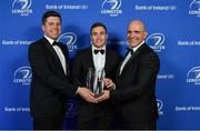 24 April 2018; Jordan Larmour is presented with the Irish Independent Try of the Year award by Ruaidhri O'Connor, Irish Independent Rugby Correspondent, left, and President of Leinster Rugby Niall Rynne. The Awards, taking place at the InterContinental Dublin and MC’d by Darragh Maloney, were a celebration of the 2017/18 Leinster Rugby season to date and over the course of the evening Leinster Rugby acknowledged the contributions of retirees Isa Nacewa, Richardt Strauss and Jamie Heaslip as well as presenting Leinster Rugby caps to departees Jordi Murphy, Cathal Marsh and Peadar Timmins. Former Leinster and Ireland player Paul McNaughton was inducted into the Guinness Hall of Fame. Some of the other Award winners on the night included; Blackrock College (Deep River Rock School of the Year), Hugh Woodhouse, Mullingar RFC (Beauchamps Contribution to Leinster Rugby Award), MU Barnhall RFC (CityJet Senior Club of the Year), Gorey Community School (Irish Independent Development School of the Year Award), Wicklow RFC (Bank of Ireland Junior Club of the Year) and Nora Stapleton (Energia Women’s Rugby Award). Photo by Brendan Moran/Sportsfile
