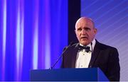 24 April 2018; Leinster Rugby President Niall Rynne speaking at the Leinster Rugby Awards Ball. The Awards, taking place at the InterContinental Dublin and MC’d by Darragh Maloney, were a celebration of the 2017/18 Leinster Rugby season to date and over the course of the evening Leinster Rugby acknowledged the contributions of retirees Isa Nacewa, Richardt Strauss and Jamie Heaslip as well as presenting Leinster Rugby caps to departees Jordi Murphy, Cathal Marsh and Peadar Timmins. Former Leinster and Ireland player Paul McNaughton was inducted into the Guinness Hall of Fame. Some of the other Award winners on the night included; Blackrock College (Deep River Rock School of the Year), Hugh Woodhouse, Mullingar RFC (Beauchamps Contribution to Leinster Rugby Award), MU Barnhall RFC (CityJet Senior Club of the Year), Gorey Community School (Irish Independent Development School of the Year Award), Wicklow RFC (Bank of Ireland Junior Club of the Year) and Nora Stapleton (Energia Women’s Rugby Award). Photo by Ramsey Cardy/Sportsfile