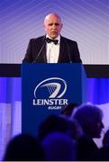 24 April 2018; Leinster Rugby President Niall Rynne speaking at the Leinster Rugby Awards Ball. The Awards, taking place at the InterContinental Dublin and MC’d by Darragh Maloney, were a celebration of the 2017/18 Leinster Rugby season to date and over the course of the evening Leinster Rugby acknowledged the contributions of retirees Isa Nacewa, Richardt Strauss and Jamie Heaslip as well as presenting Leinster Rugby caps to departees Jordi Murphy, Cathal Marsh and Peadar Timmins. Former Leinster and Ireland player Paul McNaughton was inducted into the Guinness Hall of Fame. Some of the other Award winners on the night included; Blackrock College (Deep River Rock School of the Year), Hugh Woodhouse, Mullingar RFC (Beauchamps Contribution to Leinster Rugby Award), MU Barnhall RFC (CityJet Senior Club of the Year), Gorey Community School (Irish Independent Development School of the Year Award), Wicklow RFC (Bank of Ireland Junior Club of the Year) and Nora Stapleton (Energia Women’s Rugby Award). Photo by Ramsey Cardy/Sportsfile