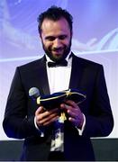 24 April 2018; Isa Nacewa with his Leinster cap on the occasion of his retirement. The Awards, taking place at the InterContinental Dublin and MC’d by Darragh Maloney, were a celebration of the 2017/18 Leinster Rugby season to date and over the course of the evening Leinster Rugby acknowledged the contributions of retirees Isa Nacewa, Richardt Strauss and Jamie Heaslip as well as presenting Leinster Rugby caps to departees Jordi Murphy, Cathal Marsh and Peadar Timmins. Former Leinster and Ireland player Paul McNaughton was inducted into the Guinness Hall of Fame. Some of the other Award winners on the night included; Blackrock College (Deep River Rock School of the Year), Hugh Woodhouse, Mullingar RFC (Beauchamps Contribution to Leinster Rugby Award), MU Barnhall RFC (CityJet Senior Club of the Year), Gorey Community School (Irish Independent Development School of the Year Award), Wicklow RFC (Bank of Ireland Junior Club of the Year) and Nora Stapleton (Energia Women’s Rugby Award). Photo by Ramsey Cardy/Sportsfile