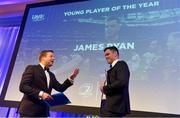 24 April 2018; James Ryan with the Laya Healthcare Young Player of the Year award and MC Darragh Maloney. The Awards, taking place at the InterContinental Dublin and MC’d by Darragh Maloney, were a celebration of the 2017/18 Leinster Rugby season to date and over the course of the evening Leinster Rugby acknowledged the contributions of retirees Isa Nacewa, Richardt Strauss and Jamie Heaslip as well as presenting Leinster Rugby caps to departees Jordi Murphy, Cathal Marsh and Peadar Timmins. Former Leinster and Ireland player Paul McNaughton was inducted into the Guinness Hall of Fame. Some of the other Award winners on the night included; Blackrock College (Deep River Rock School of the Year), Hugh Woodhouse, Mullingar RFC (Beauchamps Contribution to Leinster Rugby Award), MU Barnhall RFC (CityJet Senior Club of the Year), Gorey Community School (Irish Independent Development School of the Year Award), Wicklow RFC (Bank of Ireland Junior Club of the Year) and Nora Stapleton (Energia Women’s Rugby Award). Photo by Ramsey Cardy/Sportsfile