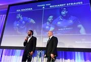 24 April 2018; Isa Nacewa and Richardt Strauss with their Leinster caps on the occasion of their retirement. The Awards, taking place at the InterContinental Dublin and MC’d by Darragh Maloney, were a celebration of the 2017/18 Leinster Rugby season to date and over the course of the evening Leinster Rugby acknowledged the contributions of retirees Isa Nacewa, Richardt Strauss and Jamie Heaslip as well as presenting Leinster Rugby caps to departees Jordi Murphy, Cathal Marsh and Peadar Timmins. Former Leinster and Ireland player Paul McNaughton was inducted into the Guinness Hall of Fame. Some of the other Award winners on the night included; Blackrock College (Deep River Rock School of the Year), Hugh Woodhouse, Mullingar RFC (Beauchamps Contribution to Leinster Rugby Award), MU Barnhall RFC (CityJet Senior Club of the Year), Gorey Community School (Irish Independent Development School of the Year Award), Wicklow RFC (Bank of Ireland Junior Club of the Year) and Nora Stapleton (Energia Women’s Rugby Award). Photo by Ramsey Cardy/Sportsfile