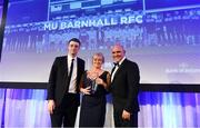 24 April 2018;  Gráinne Carroll, President, MU Barnhall RFC, accepts the award on behalf of MU Barnhall RFC for the Cityjet Senior Club of the Year award, presented by Michael Rogers, Business Development Manager, CityJet, and Leinsster Rugby President Niall Rynne. The Awards, taking place at the InterContinental Dublin and MC’d by Darragh Maloney, were a celebration of the 2017/18 Leinster Rugby season to date and over the course of the evening Leinster Rugby acknowledged the contributions of retirees Isa Nacewa, Richardt Strauss and Jamie Heaslip as well as presenting Leinster Rugby caps to departees Jordi Murphy, Cathal Marsh and Peadar Timmins. Former Leinster and Ireland player Paul McNaughton was inducted into the Guinness Hall of Fame. Some of the other Award winners on the night included; Blackrock College (Deep River Rock School of the Year), Hugh Woodhouse, Mullingar RFC (Beauchamps Contribution to Leinster Rugby Award), MU Barnhall RFC (CityJet Senior Club of the Year), Gorey Community School (Irish Independent Development School of the Year Award), Wicklow RFC (Bank of Ireland Junior Club of the Year) and Nora Stapleton (Energia Women’s Rugby Award). Photo by Ramsey Cardy/Sportsfile