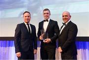 24 April 2018; Dan Leavy is presented with the Life Style Sports Supporters Player of the Year award presented by Mark Stafford, CEO of Life Style Sports, and Leinster Rugby President Niall Rynne. The Awards, taking place at the InterContinental Dublin and MC’d by Darragh Maloney, were a celebration of the 2017/18 Leinster Rugby season to date and over the course of the evening Leinster Rugby acknowledged the contributions of retirees Isa Nacewa, Richardt Strauss and Jamie Heaslip as well as presenting Leinster Rugby caps to departees Jordi Murphy, Cathal Marsh and Peadar Timmins. Former Leinster and Ireland player Paul McNaughton was inducted into the Guinness Hall of Fame. Some of the other Award winners on the night included; Blackrock College (Deep River Rock School of the Year), Hugh Woodhouse, Mullingar RFC (Beauchamps Contribution to Leinster Rugby Award), MU Barnhall RFC (CityJet Senior Club of the Year), Gorey Community School (Irish Independent Development School of the Year Award), Wicklow RFC (Bank of Ireland Junior Club of the Year) and Nora Stapleton (Energia Women’s Rugby Award). Photo by Ramsey Cardy/Sportsfile