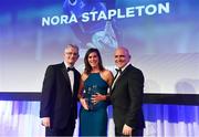 24 April 2018; Nora Stapleton is presented with the Energia Women’s Rugby award by Gary Ryan, MD of Energia, and Leinster Rugby president Niall Rynne. The Awards, taking place at the InterContinental Dublin and MC’d by Darragh Maloney, were a celebration of the 2017/18 Leinster Rugby season to date and over the course of the evening Leinster Rugby acknowledged the contributions of retirees Isa Nacewa, Richardt Strauss and Jamie Heaslip as well as presenting Leinster Rugby caps to departees Jordi Murphy, Cathal Marsh and Peadar Timmins. Former Leinster and Ireland player Paul McNaughton was inducted into the Guinness Hall of Fame. Some of the other Award winners on the night included; Blackrock College (Deep River Rock School of the Year), Hugh Woodhouse, Mullingar RFC (Beauchamps Contribution to Leinster Rugby Award), MU Barnhall RFC (CityJet Senior Club of the Year), Gorey Community School (Irish Independent Development School of the Year Award), Wicklow RFC (Bank of Ireland Junior Club of the Year) and Nora Stapleton (Energia Women’s Rugby Award). Photo by Ramsey Cardy/Sportsfile