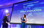 24 April 2018; Nora Stapleton with the Energia Women’s Rugby award. The Awards, taking place at the InterContinental Dublin and MC’d by Darragh Maloney, were a celebration of the 2017/18 Leinster Rugby season to date and over the course of the evening Leinster Rugby acknowledged the contributions of retirees Isa Nacewa, Richardt Strauss and Jamie Heaslip as well as presenting Leinster Rugby caps to departees Jordi Murphy, Cathal Marsh and Peadar Timmins. Former Leinster and Ireland player Paul McNaughton was inducted into the Guinness Hall of Fame. Some of the other Award winners on the night included; Blackrock College (Deep River Rock School of the Year), Hugh Woodhouse, Mullingar RFC (Beauchamps Contribution to Leinster Rugby Award), MU Barnhall RFC (CityJet Senior Club of the Year), Gorey Community School (Irish Independent Development School of the Year Award), Wicklow RFC (Bank of Ireland Junior Club of the Year) and Nora Stapleton (Energia Women’s Rugby Award). Photo by Ramsey Cardy/Sportsfile