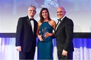 24 April 2018; Nora Stapleton is presented with the Energia Women’s Rugby award by Gary Ryan, MD of Energia, and Leinster Rugby president Niall Rynne. The Awards, taking place at the InterContinental Dublin and MC’d by Darragh Maloney, were a celebration of the 2017/18 Leinster Rugby season to date and over the course of the evening Leinster Rugby acknowledged the contributions of retirees Isa Nacewa, Richardt Strauss and Jamie Heaslip as well as presenting Leinster Rugby caps to departees Jordi Murphy, Cathal Marsh and Peadar Timmins. Former Leinster and Ireland player Paul McNaughton was inducted into the Guinness Hall of Fame. Some of the other Award winners on the night included; Blackrock College (Deep River Rock School of the Year), Hugh Woodhouse, Mullingar RFC (Beauchamps Contribution to Leinster Rugby Award), MU Barnhall RFC (CityJet Senior Club of the Year), Gorey Community School (Irish Independent Development School of the Year Award), Wicklow RFC (Bank of Ireland Junior Club of the Year) and Nora Stapleton (Energia Women’s Rugby Award). Photo by Ramsey Cardy/Sportsfile