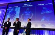 24 April 2018; Leinster Rugby departees Peadar Timmins, left, Jordi Murphy, centre, and Cathal Marsh. The Awards, taking place at the InterContinental Dublin and MC’d by Darragh Maloney, were a celebration of the 2017/18 Leinster Rugby season to date and over the course of the evening Leinster Rugby acknowledged the contributions of retirees Isa Nacewa, Richardt Strauss and Jamie Heaslip as well as presenting Leinster Rugby caps to departees Jordi Murphy, Cathal Marsh and Peadar Timmins. Former Leinster and Ireland player Paul McNaughton was inducted into the Guinness Hall of Fame. Some of the other Award winners on the night included; Blackrock College (Deep River Rock School of the Year), Hugh Woodhouse, Mullingar RFC (Beauchamps Contribution to Leinster Rugby Award), MU Barnhall RFC (CityJet Senior Club of the Year), Gorey Community School (Irish Independent Development School of the Year Award), Wicklow RFC (Bank of Ireland Junior Club of the Year) and Nora Stapleton (Energia Women’s Rugby Award). Photo by Ramsey Cardy/Sportsfile