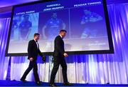 24 April 2018; Leinster Rugby departees Peadar Timmins, left, Jordi Murphy. The Awards, taking place at the InterContinental Dublin and MC’d by Darragh Maloney, were a celebration of the 2017/18 Leinster Rugby season to date and over the course of the evening Leinster Rugby acknowledged the contributions of retirees Isa Nacewa, Richardt Strauss and Jamie Heaslip as well as presenting Leinster Rugby caps to departees Jordi Murphy, Cathal Marsh and Peadar Timmins. Former Leinster and Ireland player Paul McNaughton was inducted into the Guinness Hall of Fame. Some of the other Award winners on the night included; Blackrock College (Deep River Rock School of the Year), Hugh Woodhouse, Mullingar RFC (Beauchamps Contribution to Leinster Rugby Award), MU Barnhall RFC (CityJet Senior Club of the Year), Gorey Community School (Irish Independent Development School of the Year Award), Wicklow RFC (Bank of Ireland Junior Club of the Year) and Nora Stapleton (Energia Women’s Rugby Award). Photo by Ramsey Cardy/Sportsfile