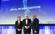24 April 2018; Paul McNaughton is presented with the Guinness Hall of Fame award by Jenny Gleeson, Sponsorship Manager, Diageo, and Leinster Rugby President Niall Rynne. The Awards, taking place at the InterContinental Dublin and MC’d by Darragh Maloney, were a celebration of the 2017/18 Leinster Rugby season to date and over the course of the evening Leinster Rugby acknowledged the contributions of retirees Isa Nacewa, Richardt Strauss and Jamie Heaslip as well as presenting Leinster Rugby caps to departees Jordi Murphy, Cathal Marsh and Peadar Timmins. Former Leinster and Ireland player Paul McNaughton was inducted into the Guinness Hall of Fame. Some of the other Award winners on the night included; Blackrock College (Deep River Rock School of the Year), Hugh Woodhouse, Mullingar RFC (Beauchamps Contribution to Leinster Rugby Award), MU Barnhall RFC (CityJet Senior Club of the Year), Gorey Community School (Irish Independent Development School of the Year Award), Wicklow RFC (Bank of Ireland Junior Club of the Year) and Nora Stapleton (Energia Women’s Rugby Award). Photo by Ramsey Cardy/Sportsfile
