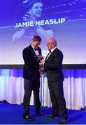 24 April 2018; Jamie Heaslip is presented with his cap by Leinster Rugby president Niall Rynne. The Awards, taking place at the InterContinental Dublin and MC’d by Darragh Maloney, were a celebration of the 2017/18 Leinster Rugby season to date and over the course of the evening Leinster Rugby acknowledged the contributions of retirees Isa Nacewa, Richardt Strauss and Jamie Heaslip as well as presenting Leinster Rugby caps to departees Jordi Murphy, Cathal Marsh and Peadar Timmins. Former Leinster and Ireland player Paul McNaughton was inducted into the Guinness Hall of Fame. Some of the other Award winners on the night included; Blackrock College (Deep River Rock School of the Year), Hugh Woodhouse, Mullingar RFC (Beauchamps Contribution to Leinster Rugby Award), MU Barnhall RFC (CityJet Senior Club of the Year), Gorey Community School (Irish Independent Development School of the Year Award), Wicklow RFC (Bank of Ireland Junior Club of the Year) and Nora Stapleton (Energia Women’s Rugby Award). Photo by Ramsey Cardy/Sportsfile