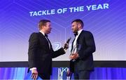 24 April 2018; Fergus McFadden with the Canterbury Tackle of the Year award. The Awards, taking place at the InterContinental Dublin and MC’d by Darragh Maloney, were a celebration of the 2017/18 Leinster Rugby season to date and over the course of the evening Leinster Rugby acknowledged the contributions of retirees Isa Nacewa, Richardt Strauss and Jamie Heaslip as well as presenting Leinster Rugby caps to departees Jordi Murphy, Cathal Marsh and Peadar Timmins. Former Leinster and Ireland player Paul McNaughton was inducted into the Guinness Hall of Fame. Some of the other Award winners on the night included; Blackrock College (Deep River Rock School of the Year), Hugh Woodhouse, Mullingar RFC (Beauchamps Contribution to Leinster Rugby Award), MU Barnhall RFC (CityJet Senior Club of the Year), Gorey Community School (Irish Independent Development School of the Year Award), Wicklow RFC (Bank of Ireland Junior Club of the Year) and Nora Stapleton (Energia Women’s Rugby Award). Photo by Ramsey Cardy/Sportsfile