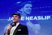 24 April 2018; Recently retired Leinster player Jamie Heaslip during the awards ball. The Awards, taking place at the InterContinental Dublin and MC’d by Darragh Maloney, were a celebration of the 2017/18 Leinster Rugby season to date and over the course of the evening Leinster Rugby acknowledged the contributions of retirees Isa Nacewa, Richardt Strauss and Jamie Heaslip as well as presenting Leinster Rugby caps to departees Jordi Murphy, Cathal Marsh and Peadar Timmins. Former Leinster and Ireland player Paul McNaughton was inducted into the Guinness Hall of Fame. Some of the other Award winners on the night included; Blackrock College (Deep River Rock School of the Year), Hugh Woodhouse, Mullingar RFC (Beauchamps Contribution to Leinster Rugby Award), MU Barnhall RFC (CityJet Senior Club of the Year), Gorey Community School (Irish Independent Development School of the Year Award), Wicklow RFC (Bank of Ireland Junior Club of the Year) and Nora Stapleton (Energia Women’s Rugby Award). Photo by Ramsey Cardy/Sportsfile