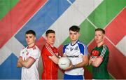 25 April 2018; U20’s players, from left, Conor Shields of Tyrone, Liam O’Donovan of Cork, Fergal Hanratty of Monaghan and Ryan O’ Donoghue of Mayo at the launch of the EirGrid GAA Football U20 All-Ireland Championship. EirGrid, the state-owned company that manages and develops Ireland's electricity grid, enters its first year of sponsoring this competition after being title sponsor of the EirGrid GAA U21 Football Championship since 2015. #EirGridGAA . Photo by Brendan Moran/Sportsfile