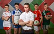 25 April 2018; Tyrone stalwart, Conor Gormley with U20’s players, from left, Conor Shields of Tyrone, Fergal Hanratty of Monaghan,  Ryan O’Donoghue of Mayo and Liam O’Donovan of Cork at the launch of the EirGrid GAA Football U20 All-Ireland Championship. EirGrid, the state-owned company that manages and develops Ireland's electricity grid, enters its first year of sponsoring this competition after being title sponsor of the EirGrid GAA U21 Football Championship since 2015. #EirGridGAA . Photo by Brendan Moran/Sportsfile