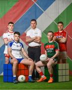 25 April 2018; Tyrone stalwart, Conor Gormley with U20’s players, from left, Conor Shields of Tyrone, Fergal Hanratty of Monaghan,  Ryan O’Donoghue of Mayo and Liam O’Donovan of Cork at the launch of the EirGrid GAA Football U20 All-Ireland Championship. EirGrid, the state-owned company that manages and develops Ireland's electricity grid, enters its first year of sponsoring this competition after being title sponsor of the EirGrid GAA U21 Football Championship since 2015. #EirGridGAA  Photo by Brendan Moran/Sportsfile