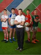25 April 2018; Tyrone stalwart, Conor Gormley with U20’s players, from left, Conor Shields of Tyrone, Fergal Hanratty of Monaghan,  Ryan O’Donoghue of Mayo and Liam O’Donovan of Cork at the launch of the EirGrid GAA Football U20 All-Ireland Championship. EirGrid, the state-owned company that manages and develops Ireland's electricity grid, enters its first year of sponsoring this competition after being title sponsor of the EirGrid GAA U21 Football Championship since 2015. #EirGridGAA . Photo by Brendan Moran/Sportsfile