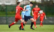 25 April 2018; Callum O'Brien of Coláiste Chiaráin in action against Dylan Sumner of Carndonagh Community School during the Bank of Ireland FAI Schools Dr. Tony O’Neill Senior National Cup Final (U19) match between Coláiste Chiaráin, Athlone and Carndonagh Community School at Home Farm FC in Whitehall, Dublin. Photo by David Fitzgerald/Sportsfile
