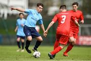 25 April 2018; Sean Ryan of Coláiste Chiaráin in action against Dylan Sumner of Carndonagh Community School during the Bank of Ireland FAI Schools Dr. Tony O’Neill Senior National Cup Final (U19) match between Coláiste Chiaráin, Athlone and Carndonagh Community School at Home Farm FC in Whitehall, Dublin. Photo by David Fitzgerald/Sportsfile