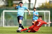 25 April 2018; Callum O'Brien of Coláiste Chiaráin in action against Dylan Sumner of Carndonagh Community School during the Bank of Ireland FAI Schools Dr. Tony O’Neill Senior National Cup Final (U19) match between Coláiste Chiaráin, Athlone and Carndonagh Community School at Home Farm FC in Whitehall, Dublin. Photo by David Fitzgerald/Sportsfile