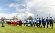 25 April 2018; The teams stand for the national anthem prior to the Bank of Ireland FAI Schools Dr. Tony O’Neill Senior National Cup Final (U19) match between Coláiste Chiaráin, Athlone and Carndonagh Community School at Home Farm FC in Whitehall, Dublin. Photo by David Fitzgerald/Sportsfile
