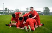 25 April 2018; Conor O'Donnell of Carndonagh Community is congratulated by team mates after scoring his side's second goal during the Bank of Ireland FAI Schools Dr. Tony O’Neill Senior National Cup Final (U19) match between Coláiste Chiaráin, Athlone and Carndonagh Community School at Home Farm FC in Whitehall, Dublin. Photo by David Fitzgerald/Sportsfile