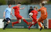 25 April 2018; Mikey Frield of Carndonagh Community in action against Michael Hanley of Coláiste Chiaráin during the Bank of Ireland FAI Schools Dr. Tony O’Neill Senior National Cup Final (U19) match between Coláiste Chiaráin, Athlone and Carndonagh Community School at Home Farm FC in Whitehall, Dublin. Photo by David Fitzgerald/Sportsfile