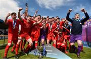 25 April 2018; Carndonagh Community School players celebrate following the Bank of Ireland FAI Schools Dr. Tony O’Neill Senior National Cup Final (U19) match between Coláiste Chiaráin, Athlone and Carndonagh Community School at Home Farm FC in Whitehall, Dublin. Photo by David Fitzgerald/Sportsfile