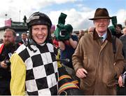 25 April 2018; Jockey Paul Townend, left, and trainer Willie Mullins, right, after winning the Irish Daily Mirror Novice Hurdle with Next Destination at Punchestown Racecourse in Naas, Co. Kildare. Photo by Seb Daly/Sportsfile