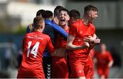 25 April 2018; Conor O'Donnell, centre, of Carndonagh Community School celebrates following the Bank of Ireland FAI Schools Dr. Tony O’Neill Senior National Cup Final (U19) match between Coláiste Chiaráin, Athlone and Carndonagh Community School at Home Farm FC in Whitehall, Dublin. Photo by David Fitzgerald/Sportsfile