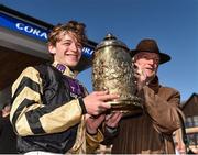 25 April 2018; Jockey David Mullins, left, and trainer Willie Mullins celebrate with the trophy after winning the Coral Punchestown Gold Cup on Bellshill at Punchestown Racecourse in Naas, Co. Kildare. Photo by Seb Daly/Sportsfile