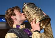 25 April 2018; Jockey David Mullins celebrates with the trophy after winning the Coral Punchestown Gold Cup on Bellshill at Punchestown Racecourse in Naas, Co. Kildare. Photo by Seb Daly/Sportsfile