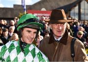25 April 2018; Jockey Richie Deegan, left, and trainer Willie Mullins, right, after winning the Racing Post Champions INH Flat Race with Tornado Flyer at Punchestown Racecourse in Naas, Co. Kildare. Photo by Seb Daly/Sportsfile