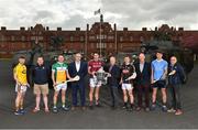 26 April 2018; In attendance at the Leinster GAA Senior Hurling Championship 2018 Launch are, from left, David Dunne of Wexford, Wexford selector Seoirse Bulfin, David King of Offaly, Offaly manager Kevin Martin, Gearóid McInerney of Galway, Galway manager Mícheál Donoghue, Eoin Murphy of Kilkenny, Kilkenny manager Brian Cody, Chris Crummy of Dublin, Dublin selector Anthony Cunningham, at McKee Barracks in Cabra, Dublin. Photo by Seb Daly/Sportsfile