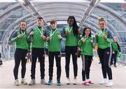 26 April 2018; Team Ireland Boxing Medallists from left, Silver Medallist Dearbhla Rooney, Silver Medallist Dean Clancy, Bronze Medallist Jude Gallagher, Silver Medallist Evelyn Igharo, Gold Medallist Daina Moorehouse and Bronze Medallist Lauren Kelly during Team Ireland homecoming at Dublin Airport. Photo by Harry Murphy/Sportsfile