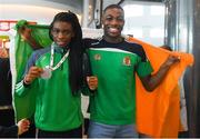 26 April 2018; Silver Medallist Evelyn Igharo and her brother, Aghosa Igharo, during Team Ireland homecoming at Dublin Airport. Photo by Harry Murphy/Sportsfile