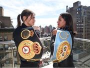26 April 2018; Katie Taylor and Victoria Bustos square off following a press conference, at Mondrian Park Avenue, ahead of their IBF & WBA World Female Lightweight unification bout on the Straight Outta Brooklyn fight night card in New York, USA. Photo by Stephen McCarthy/Sportsfile