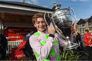 26 April 2018; David Mullins with the cup winning the Ladbrokes Champion Stayers Hurdle on Faugheen at Punchestown Racecourse in Naas, Co. Kildare. Photo by Matt Browne/Sportsfile