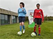 27 April 2018; Alannah Gavin, left, age 15, from Castleknock and of Kilmore Celtic FC, and Holly Rutherford, right, age 14, from Lucan and of Lucan United, at the announcement of Castleknock Hotel as the primary sponsor of the FAI's Girls Centre of Excellence at FAI HQ in Abbotstown, Co. Dublin.  Photo by Seb Daly/Sportsfile