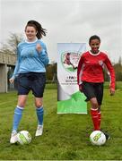27 April 2018; Alannah Gavin, left, age 15, from Castleknock and of Kilmore Celtic FC, and Holly Rutherford, right, age 14, from Lucan and of Lucan United, at the announcement of Castleknock Hotel as the primary sponsor of the FAI's Girls Centre of Excellence at FAI HQ in Abbotstown, Co. Dublin.  Photo by Seb Daly/Sportsfile