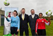 27 April 2018; In attendance at the announcement of Castleknock Hotel as the primary sponsor of the FAI's Girls Centre of Excellence are, from left, Alannah Gavin, age 15, from Castleknock and of Kilmore Celtic FC, Andrew Kavanagh, Director of Sales and Marketing, Castleknock Hotel, Guy Thompson, General Manager, Castleknock Hotel, and Holly Rutherford, age 14, from Lucan and of Lucan United, at FAI HQ in Abbotstown, Co. Dublin.  Photo by Seb Daly/Sportsfile
