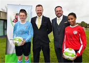 27 April 2018; In attendance at the announcement of Castleknock Hotel as the primary sponsor of the FAI's Girls Centre of Excellence are, from left, Alannah Gavin, age 15, from Castleknock and of Kilmore Celtic FC, Andrew Kavanagh, Director of Sales and Marketing, Castleknock Hotel, Guy Thompson, General Manager, Castleknock Hotel, and Holly Rutherford, age 14, from Lucan and of Lucan United, at FAI HQ in Abbotstown, Co. Dublin.  Photo by Seb Daly/Sportsfile