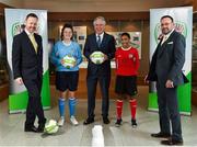 27 April 2018; In attendance at the announcement of Castleknock Hotel as the primary sponsor of the FAI's Girls Centre of Excellence are, from left, Andrew Kavanagh, Director of Sales and Marketing, Castleknock Hotel, Alannah Gavin, age 15, from Castleknock and of Kilmore Celtic FC, FAI Chief Executive John Delaney, Holly Rutherford, age 14, from Lucan and of Lucan United, and Guy Thompson, General Manager, Castleknock Hotel, at FAI HQ in Abbotstown, Co. Dublin.  Photo by Seb Daly/Sportsfile