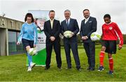 27 April 2018; In attendance at the announcement of Castleknock Hotel as the primary sponsor of the FAI's Girls Centre of Excellence are, from left, Alannah Gavin, age 15, from Castleknock and of Kilmore Celtic FC, Andrew Kavanagh, Director of Sales and Marketing, Castleknock Hotel, FAI Chief Executive John Delaney, Guy Thompson, General Manager, Castleknock Hotel, and Holly Rutherford, age 14, from Lucan and of Lucan United, at FAI HQ in Abbotstown, Co. Dublin.  Photo by Seb Daly/Sportsfile