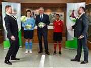 27 April 2018; In attendance at the announcement of Castleknock Hotel as the primary sponsor of the FAI's Girls Centre of Excellence are, from left, Andrew Kavanagh, Director of Sales and Marketing, Castleknock Hotel, Alannah Gavin, age 15, from Castleknock and of Kilmore Celtic FC, FAI Chief Executive John Delaney, Holly Rutherford, age 14, from Lucan and of Lucan United, and Guy Thompson, General Manager, Castleknock Hotel, at FAI HQ in Abbotstown, Co. Dublin.  Photo by Seb Daly/Sportsfile